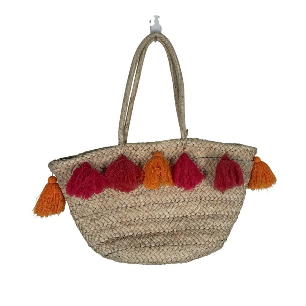 Mud Pie Pink Multi Boho Coastal Preppy Cornhusk Straw Tassel Beach Tote NWT FLAW